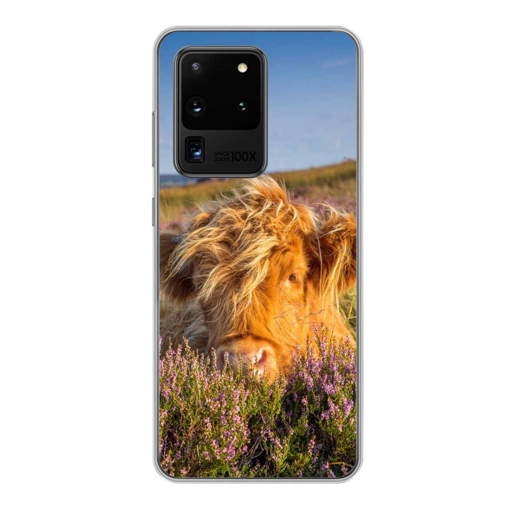 MuchoWow Handyhülle Schutzhülle Hülle für Samsung Galaxy S20 Ultra Schottische Highlander - Heide - Gras - Tiere Silikon Softcase Handy Hüll...