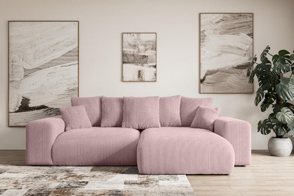 Ecksofa mit Schlaffunktion und Bettkasten ESKAR-L -266x176x72 cm Rosa- Corner Sofa Bett Eckcouch Couch L-Form Schlafcouch Ausziehbar Wohnlandschaft...