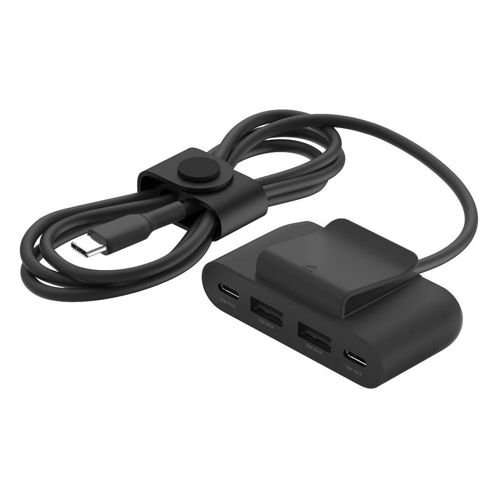 A black USB splitter with a coiled cable and a cable tie, shown against a white background.