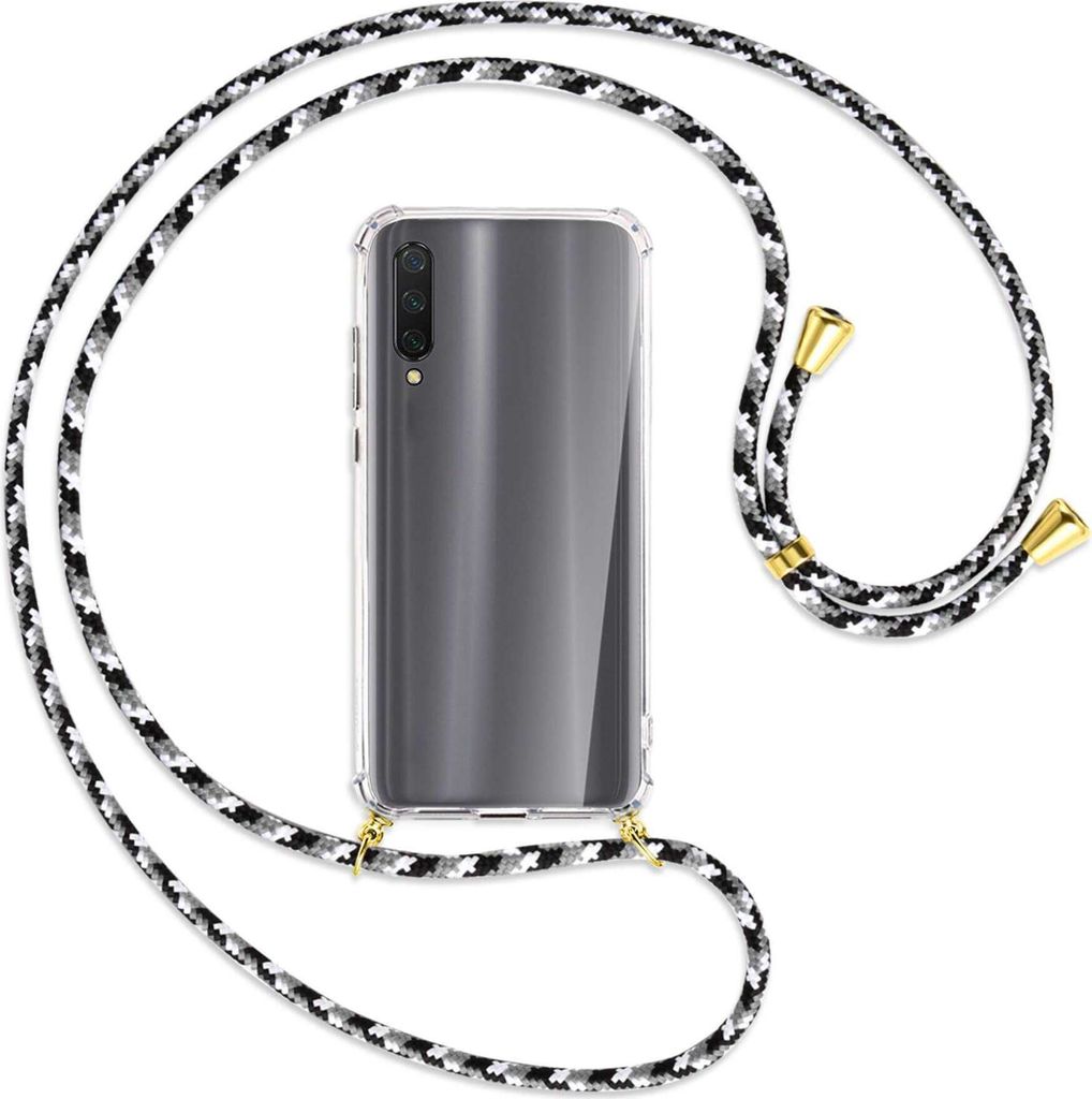 Handykette Backcover-Schutzhülle mit Band (Metall goldfarben) für Xiaomi Mi 9 Lite / CC9 - schwarz/grau/weiß