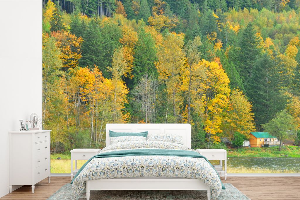MuchoWow Fototapete für Wohnzimmer oder Schlafzimmer Wandtapete Vinyl Motivtapete Goldenrain am Wasser - 390x260 cm - Papiertapete