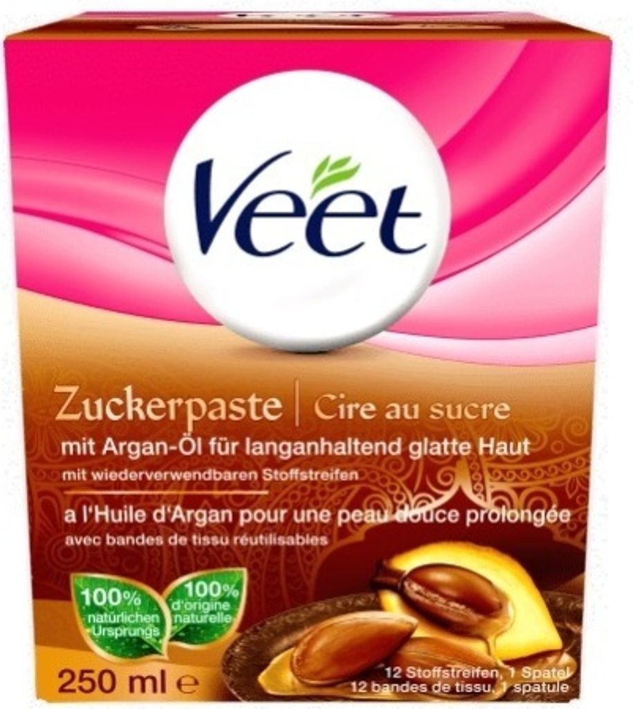 The image shows the front of a Veet Zuckerpaste packaging box.