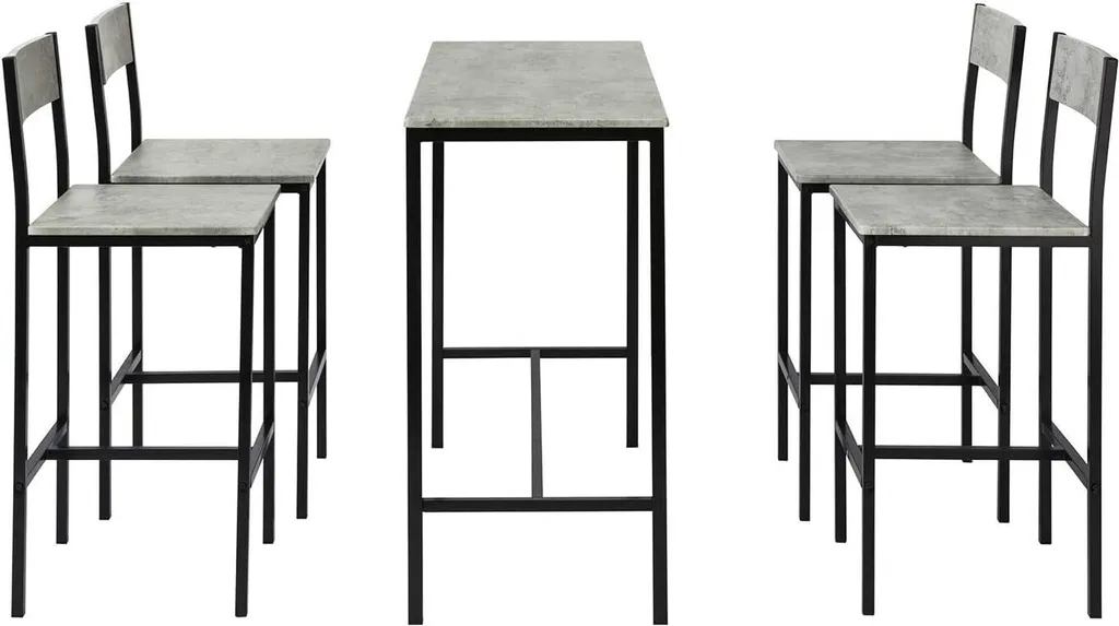 Table de bar 5 pièces plateau gris effet ciment et pieds en métal noir