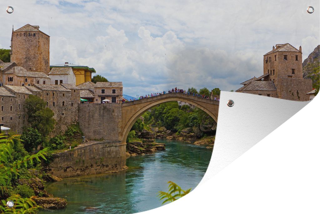MuchoWow 90x60 cm Outdoor-Poster Gartendeko Sichtschutz Garten Poster für den Garten Schönes farbenfrohes Bild der Stari-Most-Brücke und ihrer...