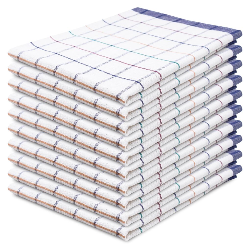 A stack of folded kitchen towels with a checkered pattern.