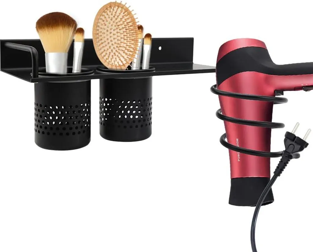 Support de sèche-cheveux sans perçage noir avec compartiment et porte-câble