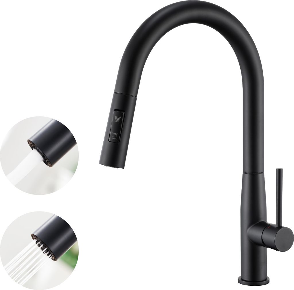 Auralum ausziehbare Küchenarmatur, Hochdruck Wasserhahn aus Edelstahl, 360° schwenkbar, Mischbatterie mit 2 Strahlarten, Schwarz
