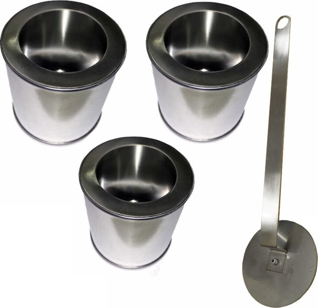 3 Brennstoffdosen Weißblech 0,25 Liter + 3 Edelstahlsparplatten + 1 Flamenlöscher