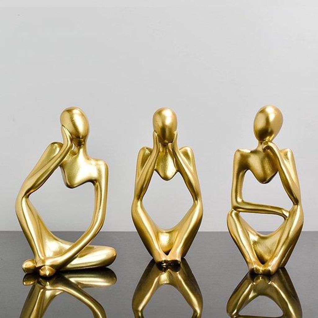 Moderne sculptuurdecoratie - Abstracte kunst uit hars in Zwart-Wit-Goud (Set van 3)