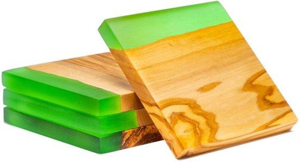 Houten Onderzetters, Set van 4 Vierkante Onderzetters aus Oliholz und Epoxidharz, für Gläser, Tassen, 10 x 10 x 1,2 cm, Grün