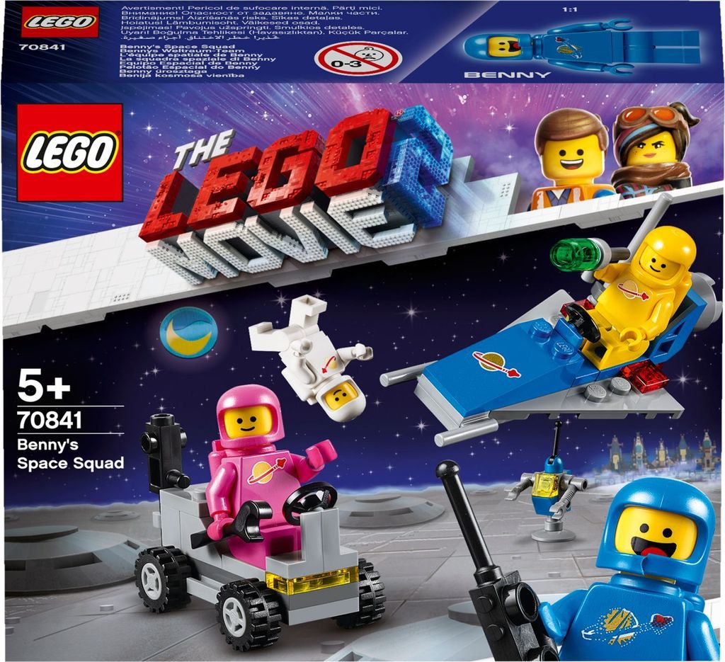 The LEGO Movie 2 Benny's Space Squad set packaging, showing minifigures and vehicles on a moon-like surface with a starry background.