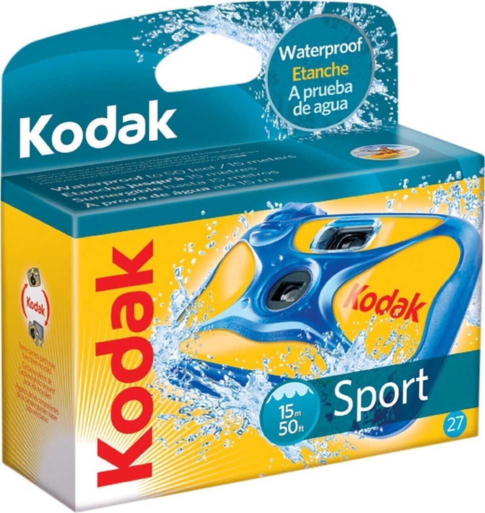 The image shows the retail packaging for a Kodak Sport waterproof camera.