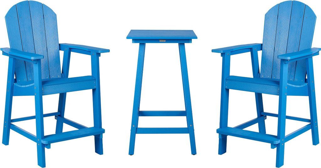 BELIANI Balkonset Blau Kunstholz 3-Teilig Quadratischer Balkontisch mit 2 Stühlen Muskoka Adirondack Stil Outdoor Terrasse Garten Ausstattung