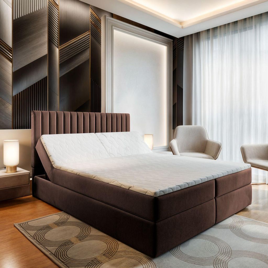 Masseno Boxspringbett MURLO 140x200 cm Komplett-Set mit Bonell Matratze und Topper, Polsterbett mit Bettkästen -Braun, KRONOS 06