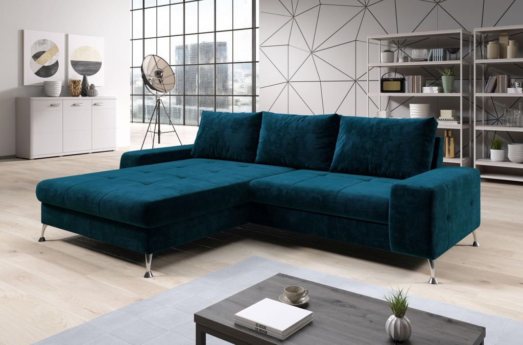Stilvolles Schlafsofa CHRISTINE – blau, linke Ecke