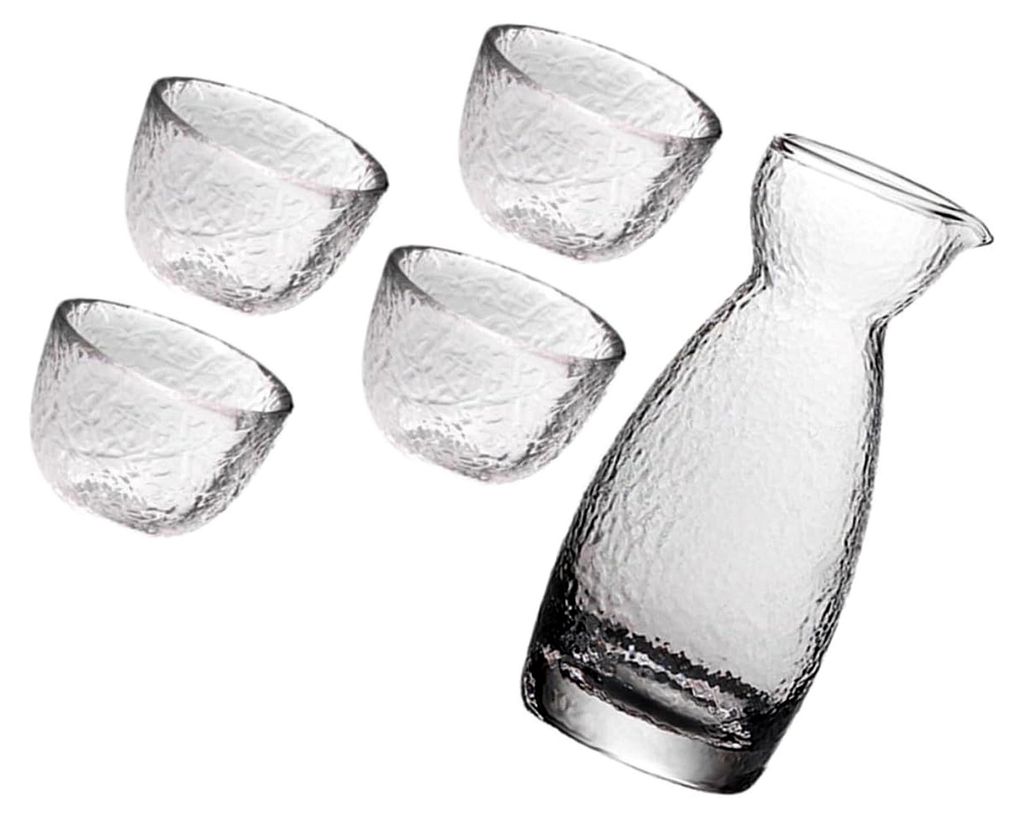 Japanisches Sake-Set mit Hammeroptik, Sake-Topf und Bechern aus hitzebeständigem Glas für Zuhause und Feierlichkeiten