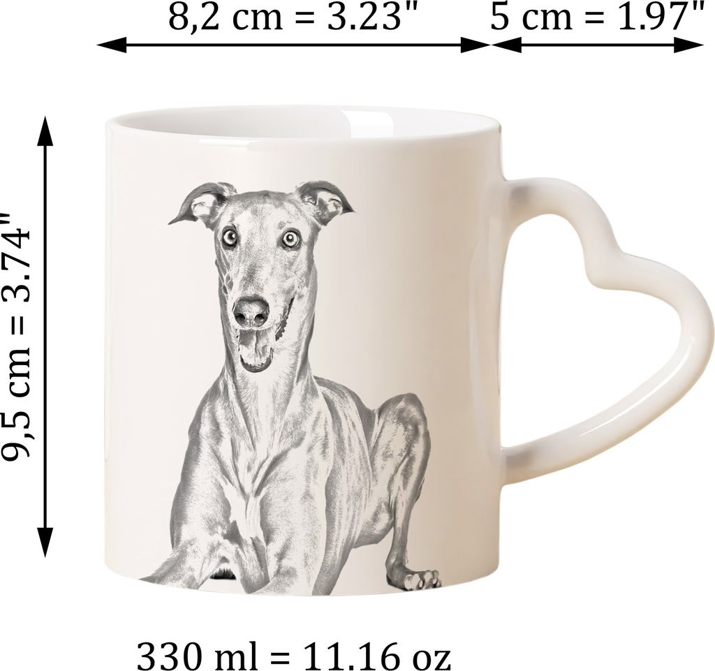 Italienisches Windspiel, Italian Greyhound - Tasse mit Hund, entzückende Tasse mit herzförmigem Henkel, universelles Geschenk der Marke Art-Dog