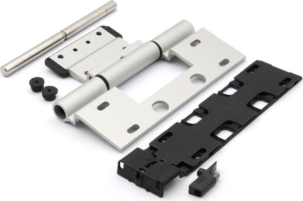 A disassembled hinge and its components are laid out on a white background.