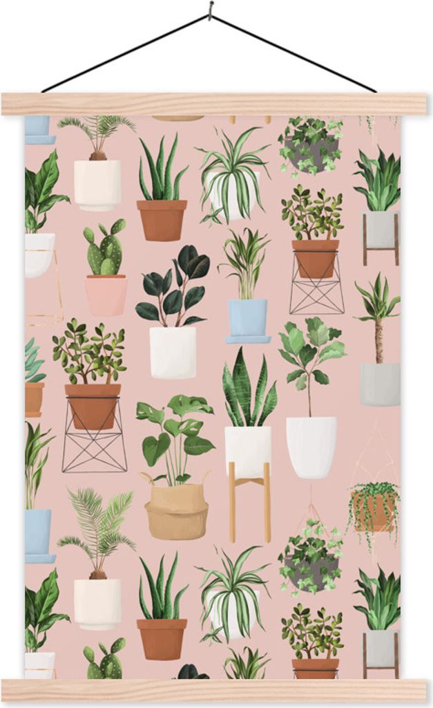 MuchoWow Textilposter Pflanzen - Monstera - Kaktus - Palme 120x180 cm mit holzfarbenen Rahmen - Textil-Plakat