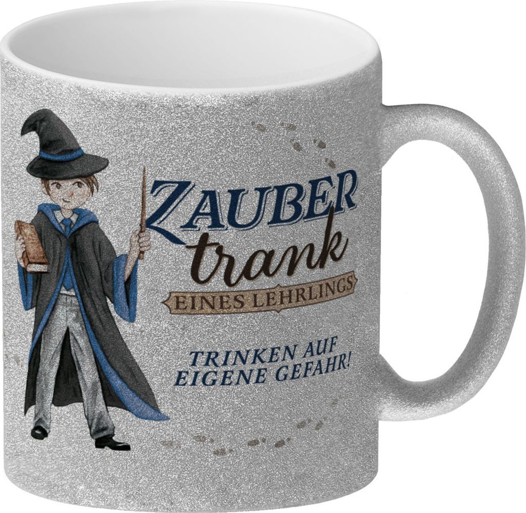 Zaubertrank Glitzer-Kaffeebecher mit Zauberschüler in blau