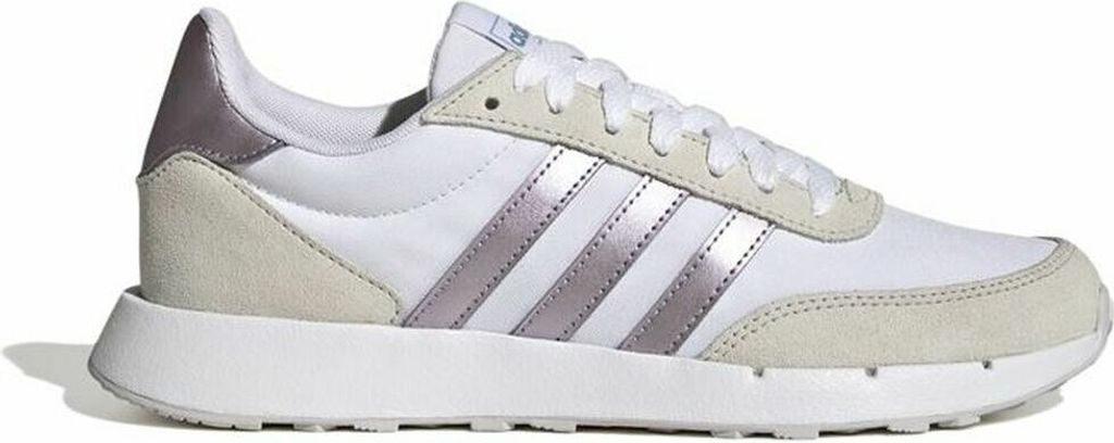 A side view of a white Adidas sneaker with silver stripes and tan accents.