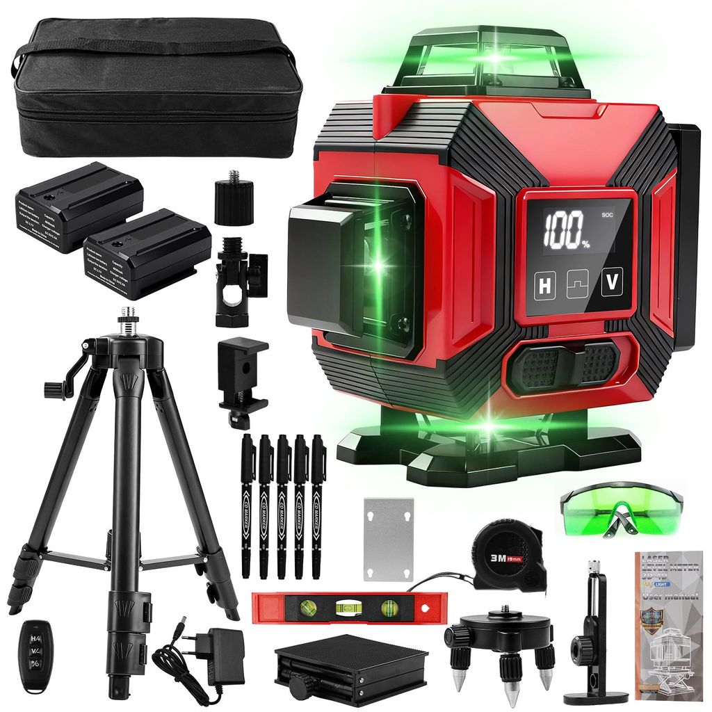 16 Linien 4D Laserwasserwaage, 360° Selbstnivellierung Horizontal Vertikal Laser Level mit Fernbedienung, IP54 Staub- und Wasserschutz, EU-Stecker