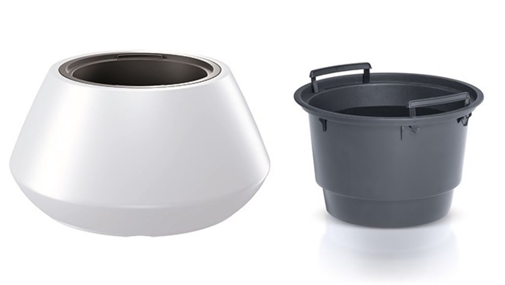 A white planter and a gray bucket are shown side-by-side against a white background.