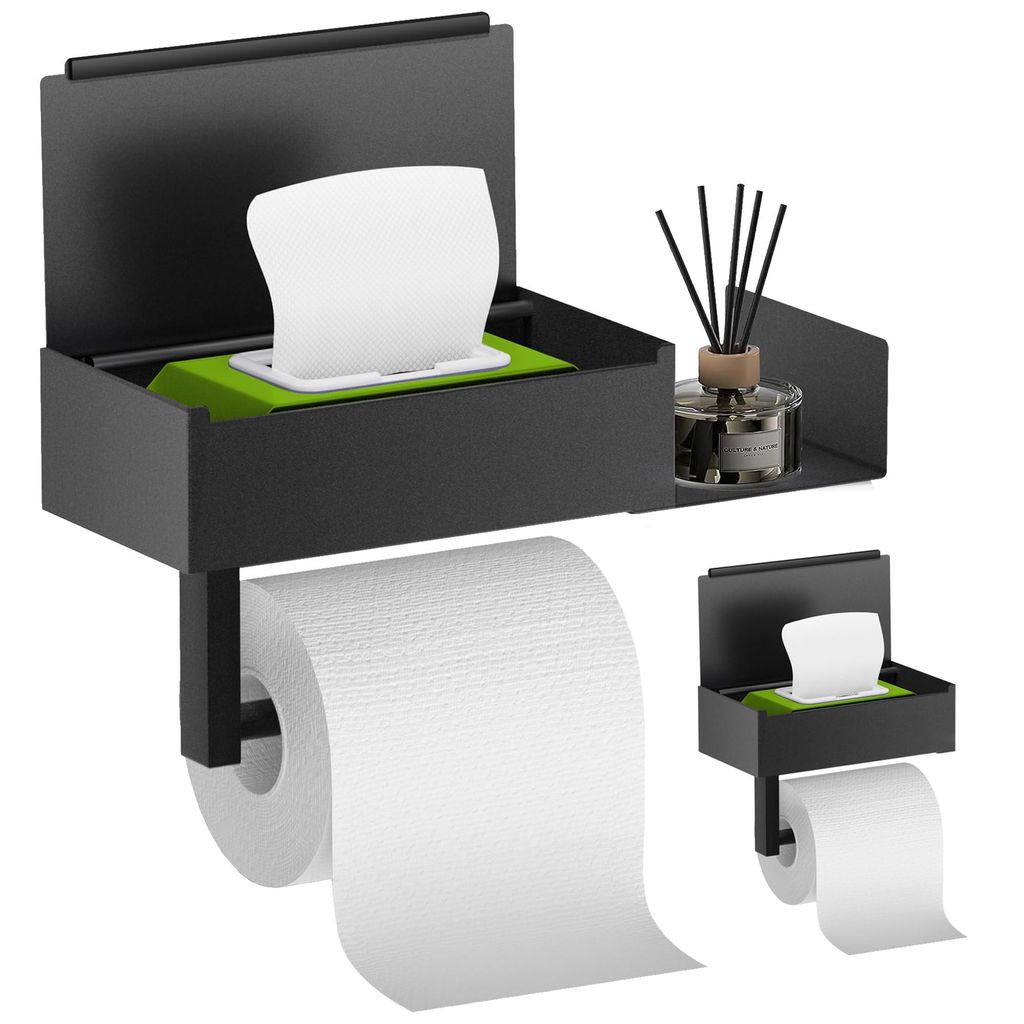 Toilettenpapierhalter Ohne Bohren, Toilettenpapierhalter mit Feuchttücherbox Klopapierhalter Ohne Bohren mit Ablage, Edelstahl Klorollenhalter