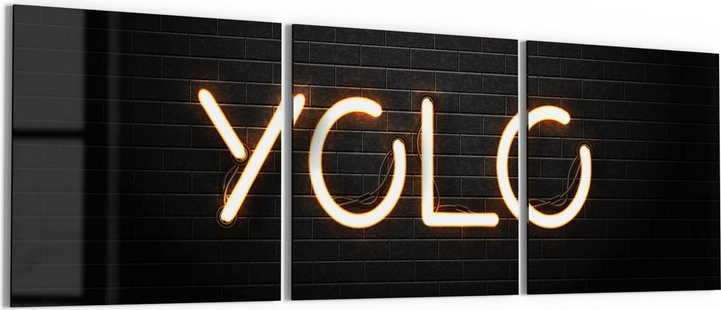 DEQORI Glasbilder Acryl 3x50x50 cm 'Leuchtbuchstaben YOLO' Wandbilder XXL groß