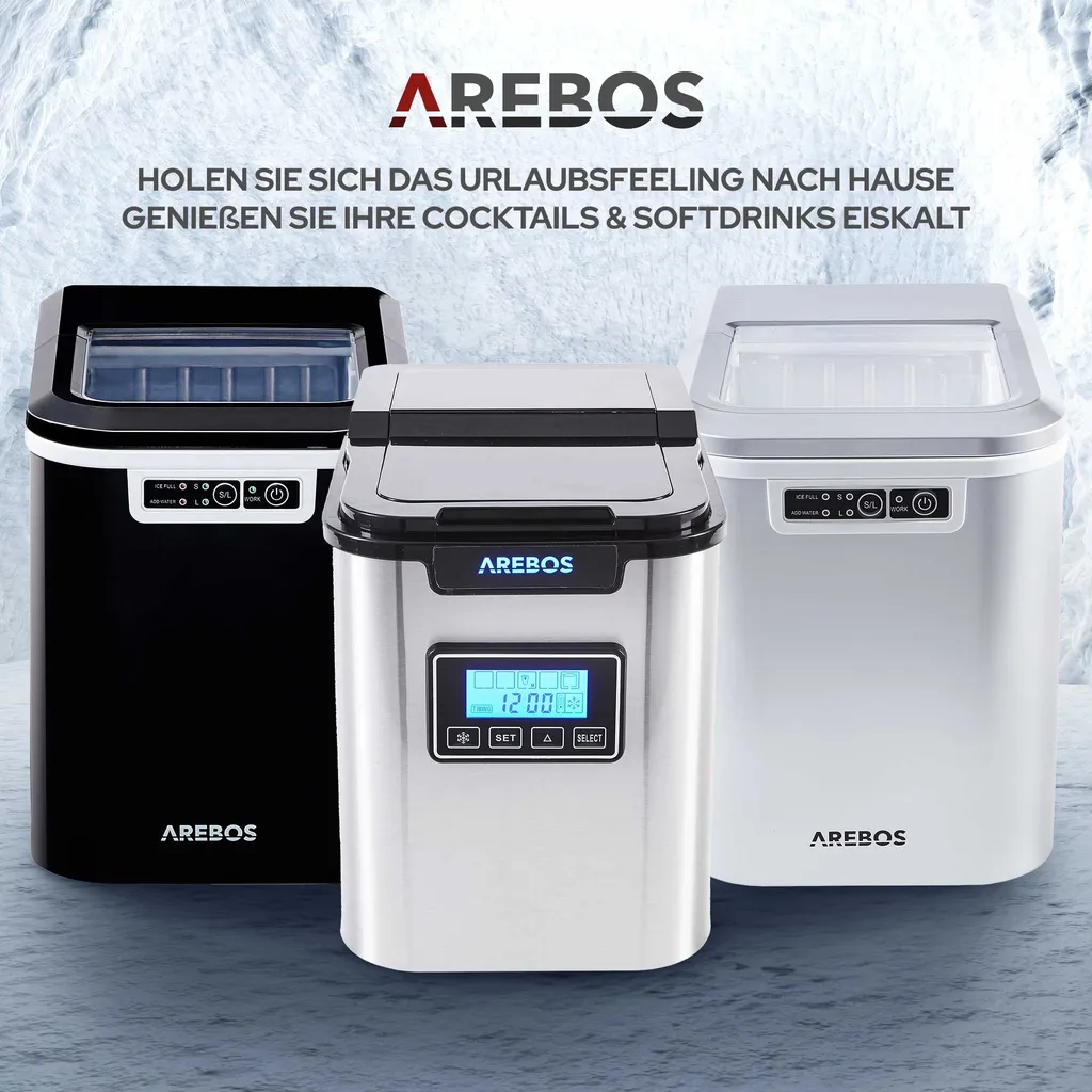 Fabbricatore di Ghiaccio AREBOS Argento 12kg/24h - Macchina Ghiaccio Casa - 12