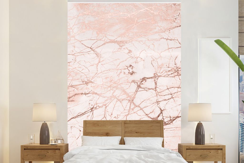 MuchoWow Fototapete für Wohnzimmer oder Schlafzimmer Wandtapete Vinyl Motivtapete Marmor - Weiß - Rosa - 225x350 cm - Schlafzimmer tapete