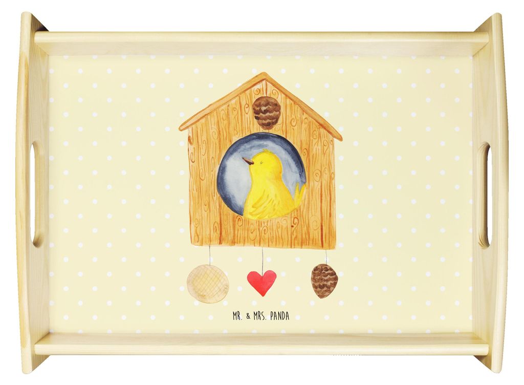 Mr. & Mrs. Panda Tablett Vogelhaus Home - Gelb Pastell - Geschenk, aus holz, Sofa, Vogel, Servier, Sweet, Haus, Umzug, Lustige Sprüche, Dekotablet...