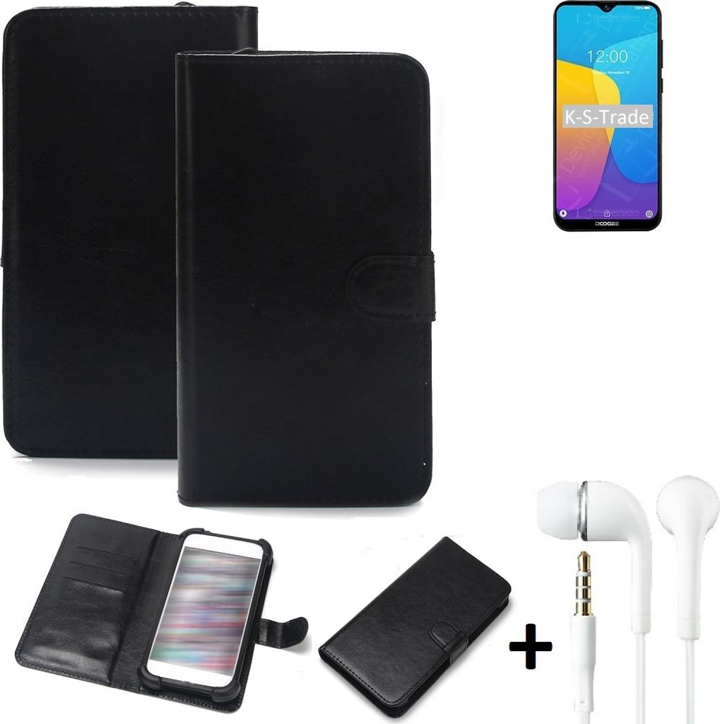 K-S-Trade Wallet Case Handyhülle kompatibel mit Doogee X90 Schutzhülle Flip cover Flipstyle Tasche Hülle Flipcover Slim Bumper schwarz + in ear