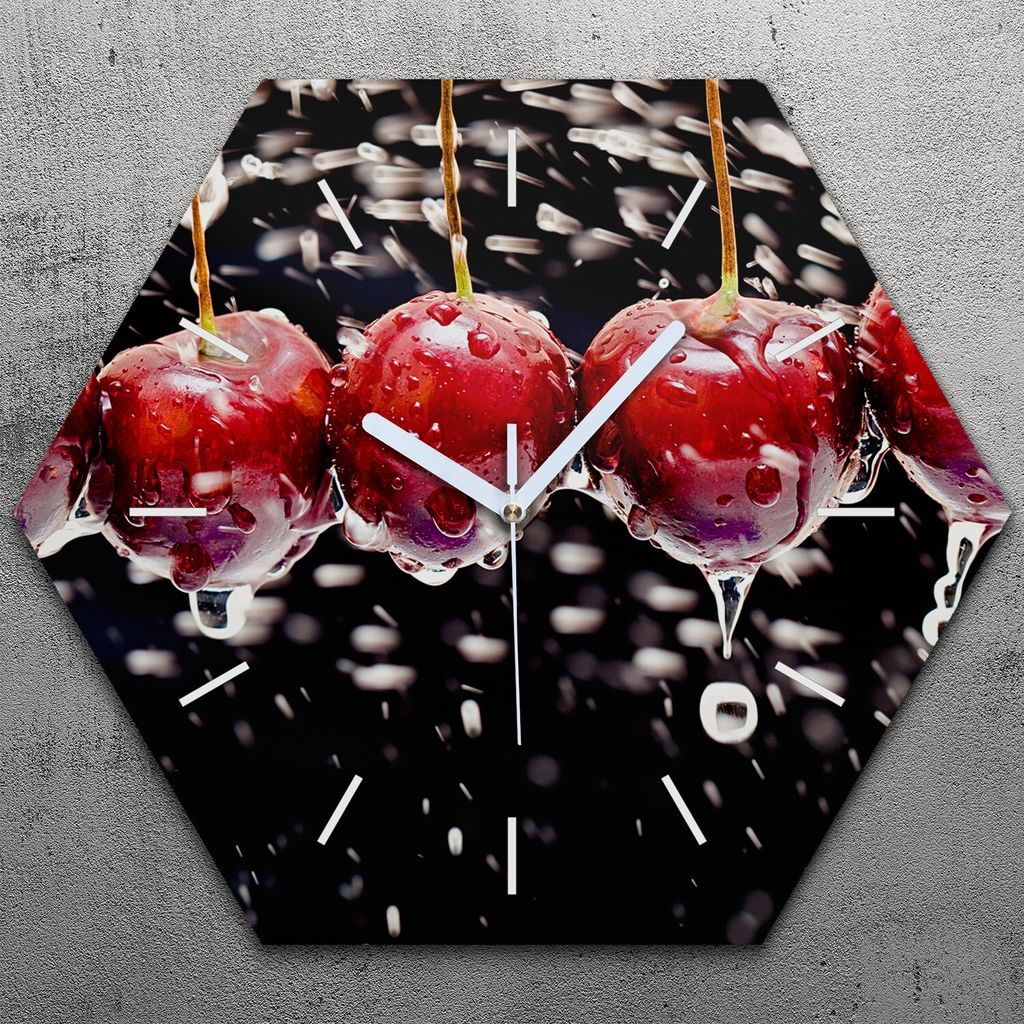 Uhr hexagonal 40 cm Glas Geräuschlos weiße Zeiger - Spritz Farbige Früchte