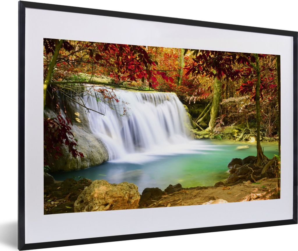MuchoWow Gerahmtes Poster Herbst - Wasserfall - Natur 60x40 cm - Poster mit Schwarzem Bilderrahmen Wandposter Rahmen Foto Bilder - Schlafzimmer -...