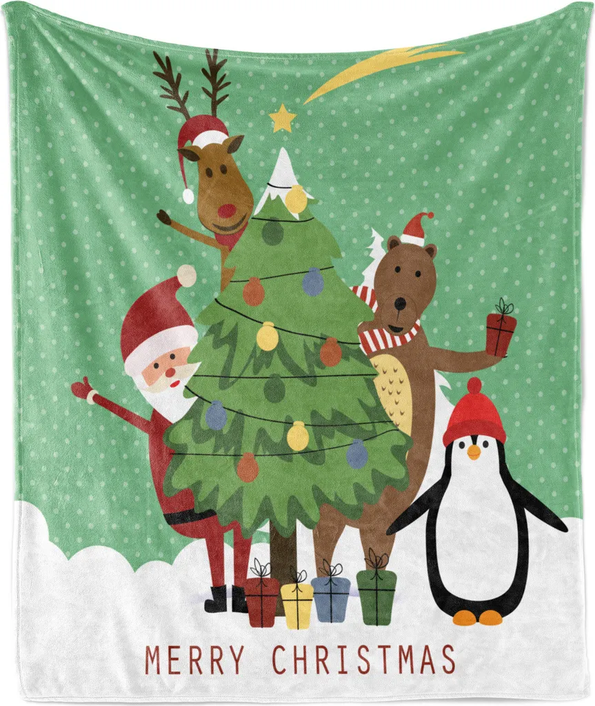 ABAKUHAUS Coperta natalizia in morbido pile di flanella, Sankt-Bär Deer Penguin, confortevole peluche per interni ed esterni, 125 x 175 cm, verde pavone multicolore