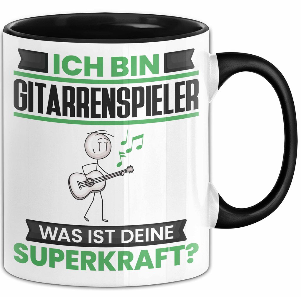 Gitarrenspieler Tasse Geschenk für Gitarrenspieler Geburtstag Lustiger Spruch Kaffee-Becher Was Ist Deine Superkraft (Schwarz)