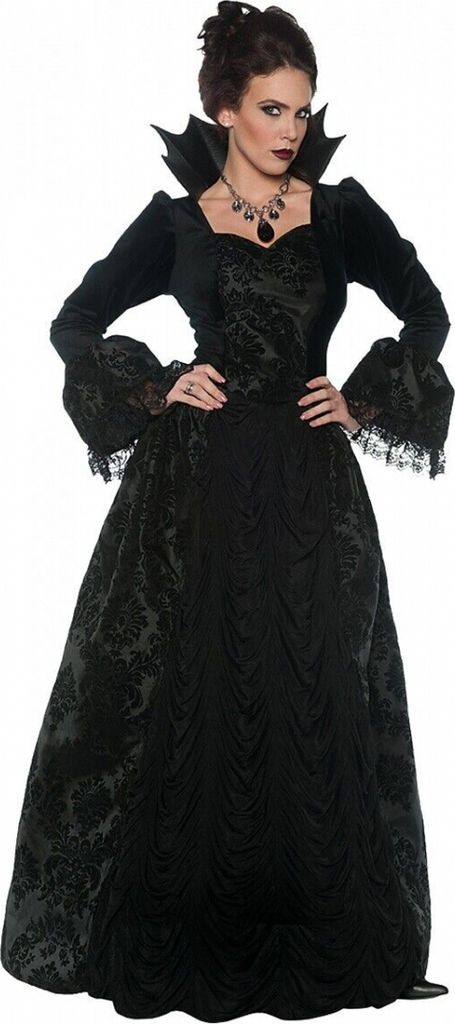 Gothic Königin Kostüm Damen – Viktorianisches Märchenkönigin Ballkleid mit Stehkragen – Schwarzes Gothic Kleid S-XL – Halloween Fasching ...