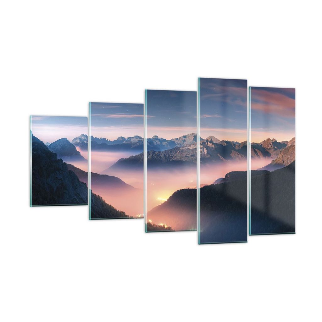 Bilder auf glas - 5 Teile - Berge Wolken Nebel - 100x60cm - Glasbilder - Wandbilder - Bilder - zum Aufhängen bereit - Wanddekoration aus Glas - Gl...