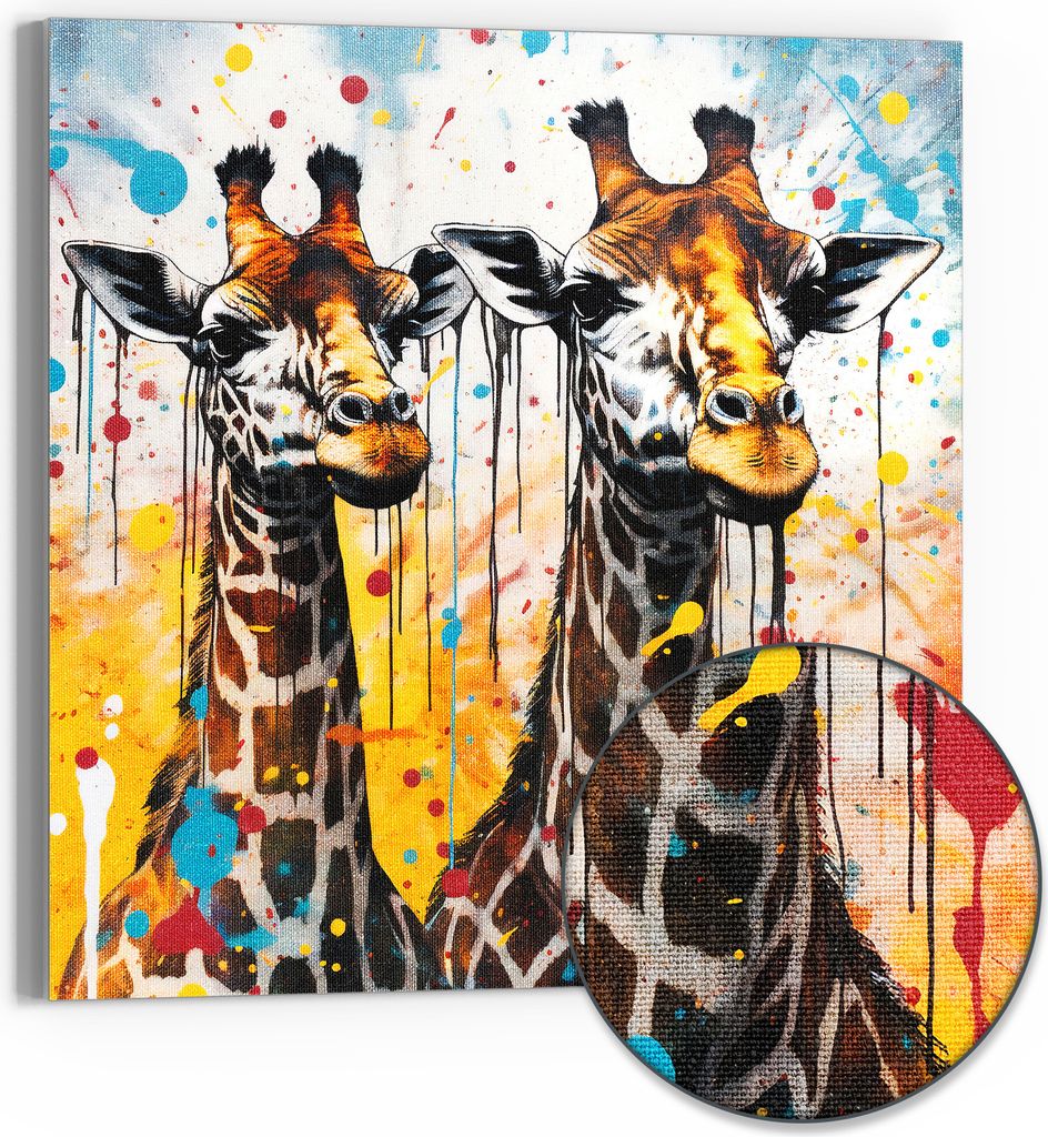 DEQORI Hybrid Leinwand Bild 50x50 cm 'Giraffenleben in Farbe' Wandbild Glas flach modern