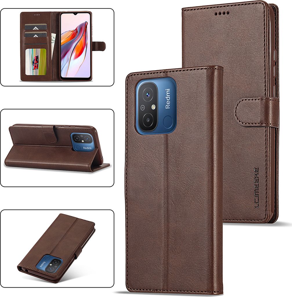 Redmi 12C Hülle, Klapphüllen Brieftasche Leder Magnetverschluss Ständer Schutzhülle für Xiaomi Redmi 12C Braun