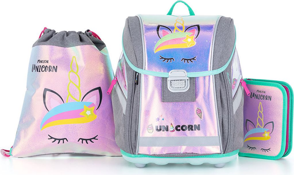 SCOOLSTAR Einhorn Schulranzen Mädchen 1 Klasse Tornister Set 3 tlg. für Grundschule super leicht inkl. Federmäppchen und Sportbeutel