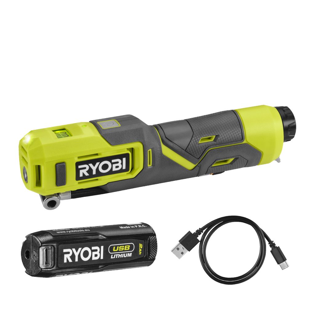 A Ryobi cordless screwdriver, its battery, and a USB charging cable are displayed against a white background.