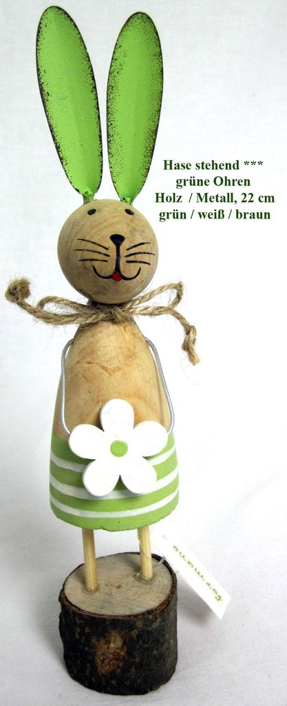 1 Osterhase stehend mit grünen Ohren Holz / Metall, 2-fach sortiert ca.22 cm
