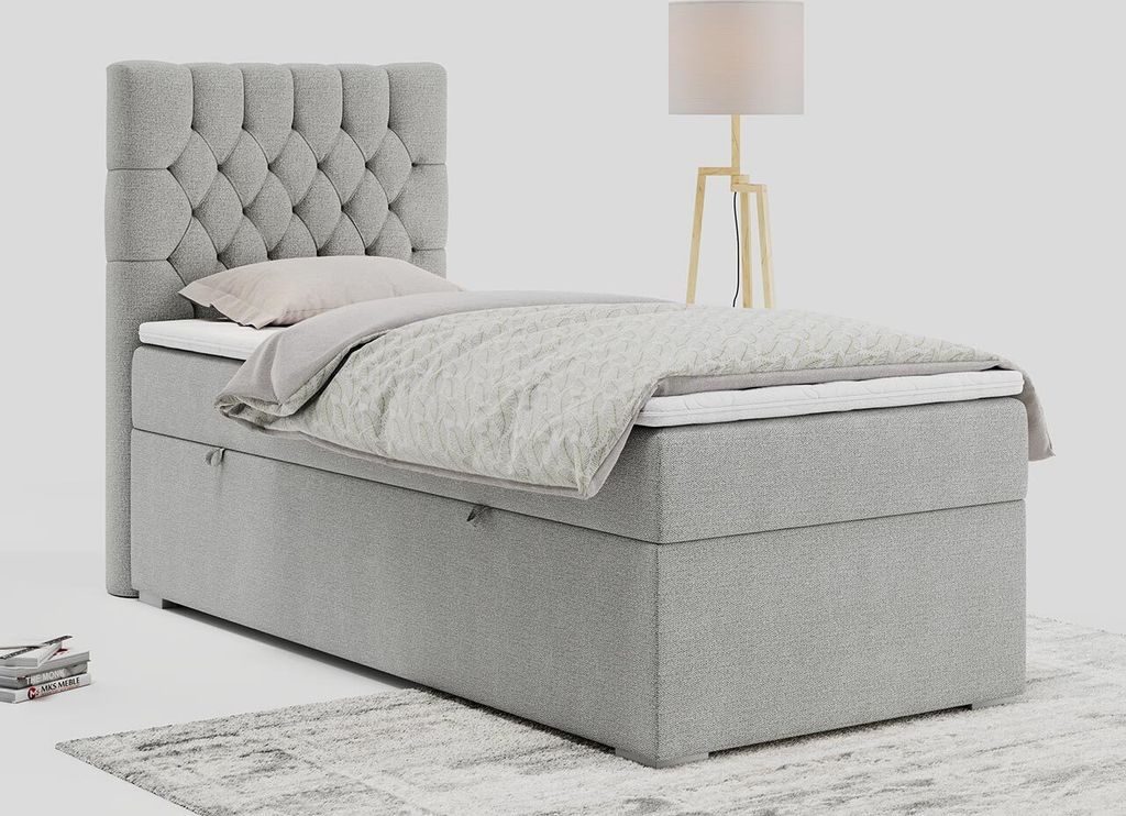 Einzelbett - Boxspringbett 90x200 mit Bettkasten und Matratzentopper - PERA 90 - links - Hellgrau - H3