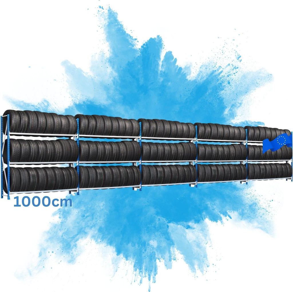 Mega Deal Reifenregal MAXIMUS Pro | HxBxT 200x1000x50cm | 3 Ebenen | bis zu 45 Reifen pro Ebene | 140kg Fachlast | Lichtblau/Lichtgrau