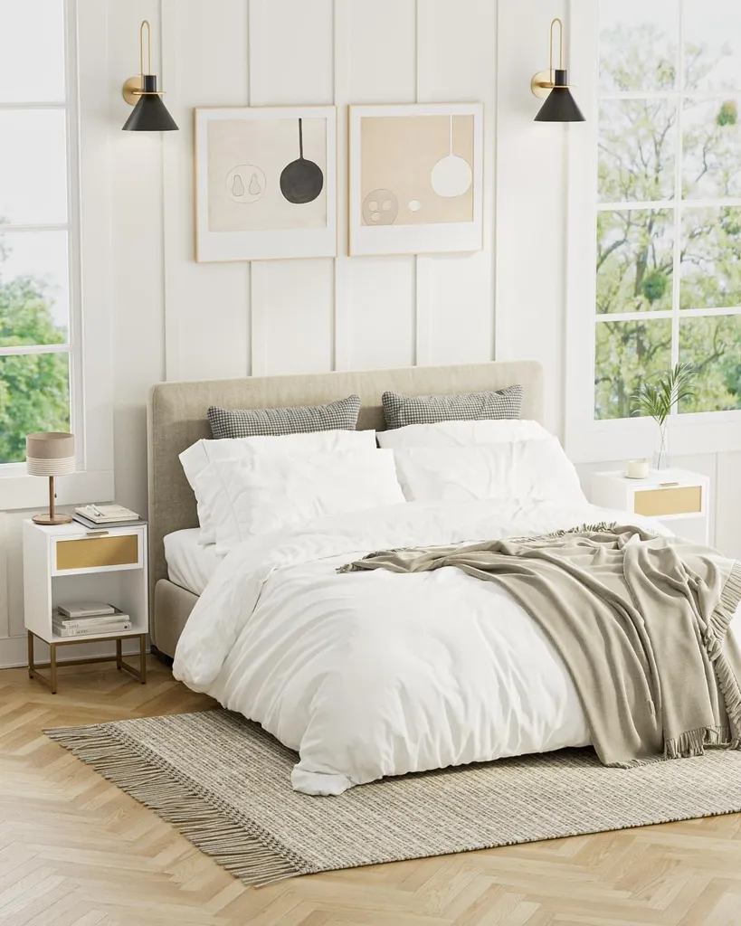 Table de nuit boho blanc en rotin moderne, 1 pièce pour chambre élégante