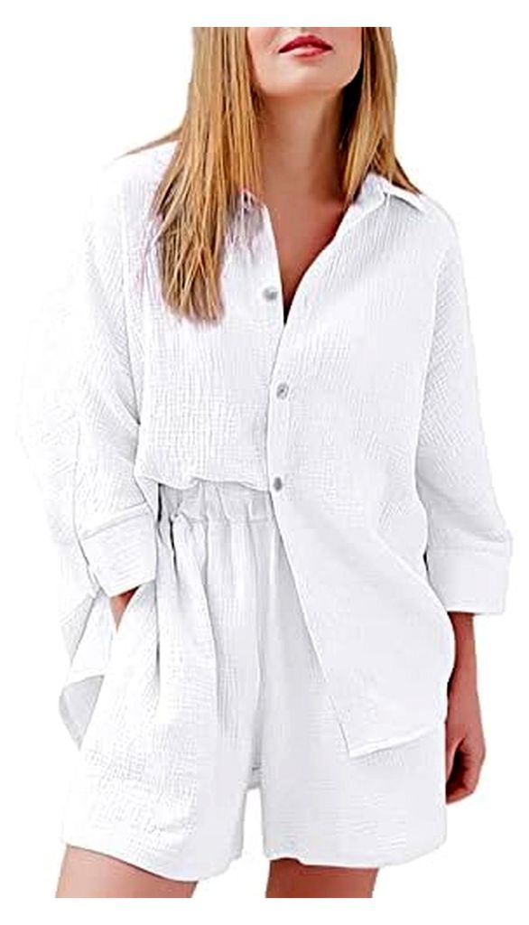 Damen Sommer Zweiteiler, Bluse und Shorts, Loungewear Set mit Umlegekragen, Langarm, Leinen, Atmungsaktiv, Komfort, Sportanzug, Solide Mode, Lässi...