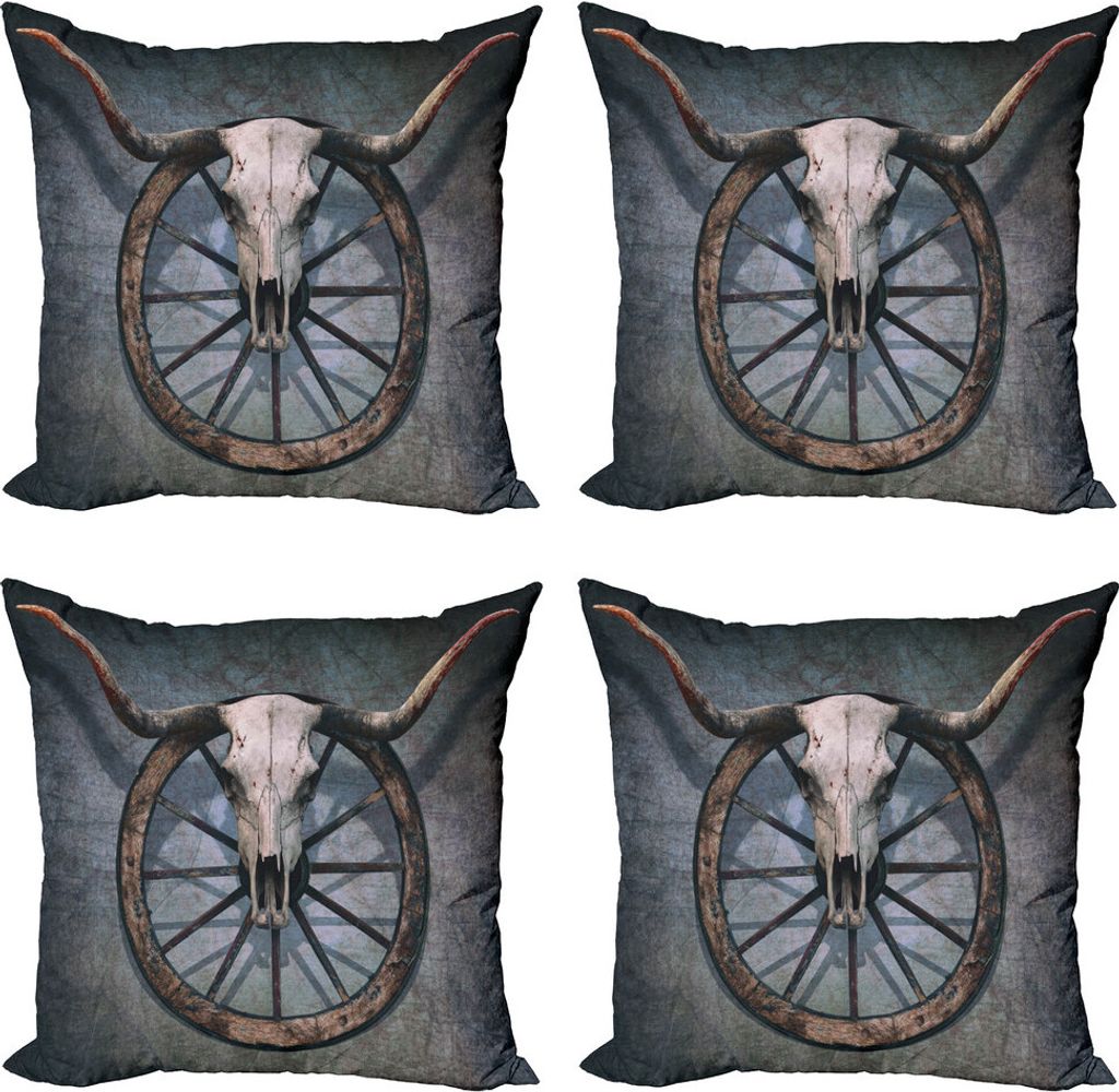 ABAKUHAUS Stall-Holz-Wagon Wheel Kissenbezug Set (4 Stück), West-Schädel, Moderner Doppelseitiger Digitaldruck, 40 cm x 40 cm, Mehrfarbig
