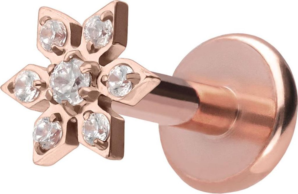 Ohrpiercing, Nasenpiercing Titan Labret mit Push Fit KRISTALLBLUME RoséGold Stablänge: 7mm | Stabstärke: 1,2mm